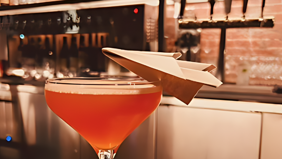 A cocktail glass at the bar with paper airplane garnish